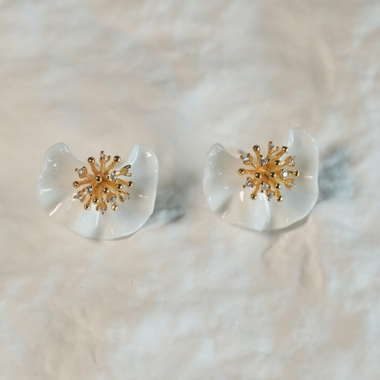 Handcrafted White Peach Blossom Ceramic Stud Earrings